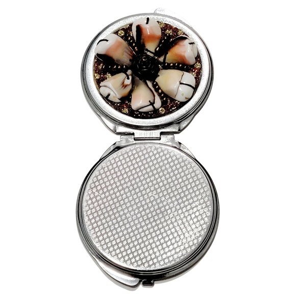 Vintage Silver Tone Handmade Shells & Beads Compact Mirror for Makeup, etc. - Picture 6 of 7